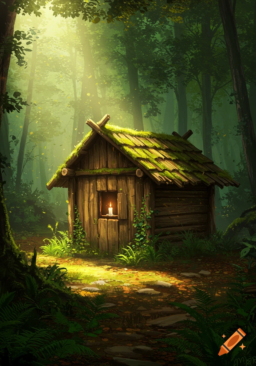 An illustrative image of a moss-covered wooden hut with a lit candle in its window, nestled in a lush, sun-dappled forest.