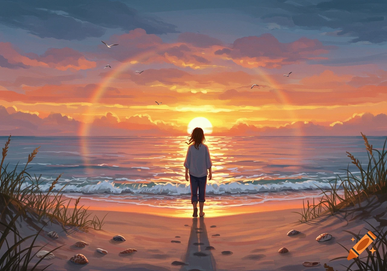 A person stands on a sandy beach at sunset, looking out at the ocean with a colorful rainbow arching across the sky.