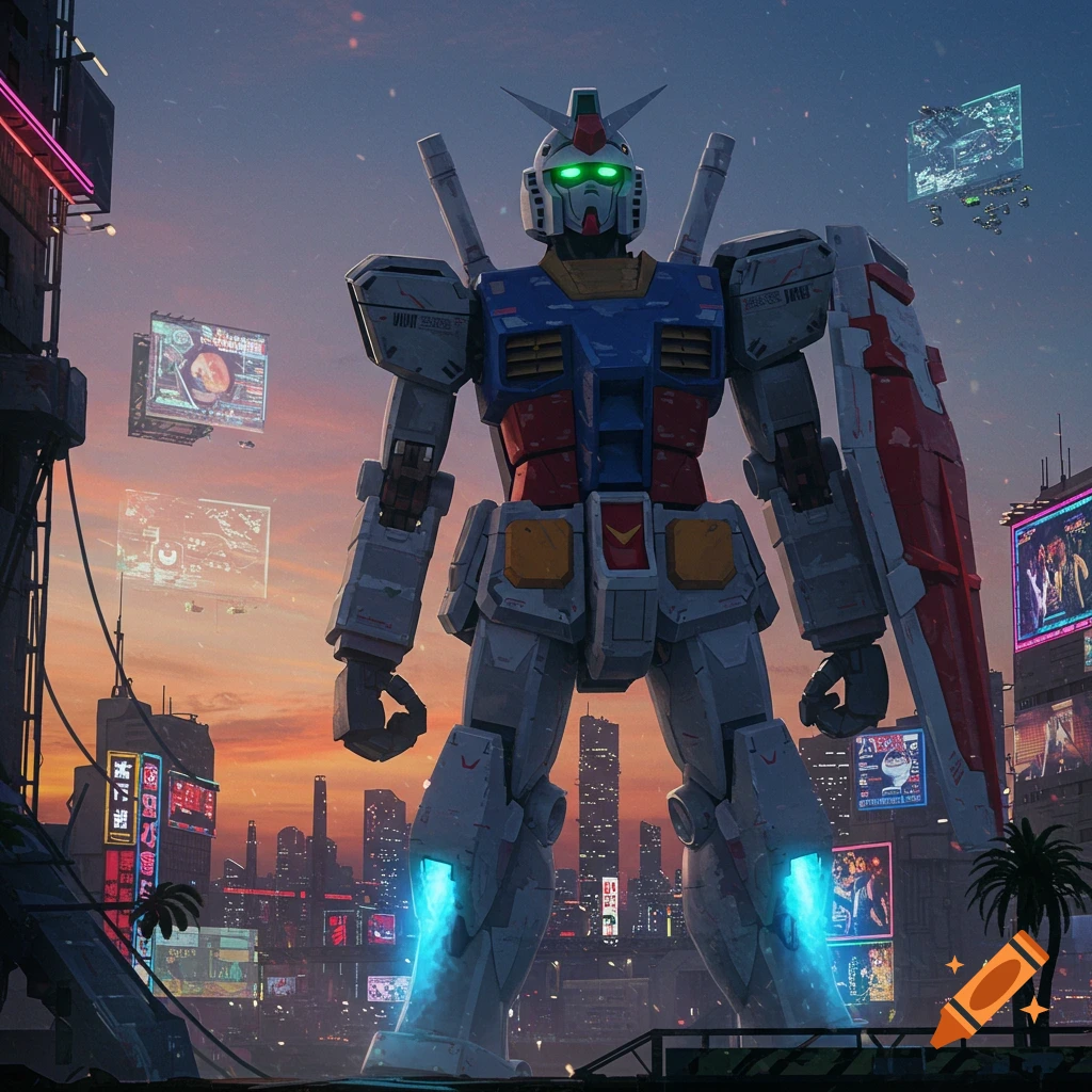 A giant Gundam robot stands prominently in a vibrant, neon-lit futuristic cityscape at sunset, with floating screens in the sky.
