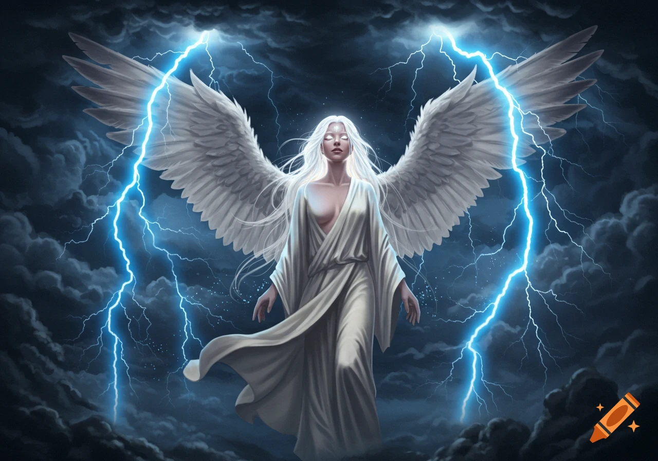 A white-haired angel woman with large white wings stands in a stormy sky with bright blue lightning.
