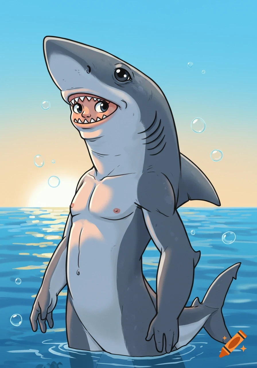 A cartoon anthropomorphic shark-human hybrid with a human face in its mouth and a muscular torso, standing in blue ocean water under a clear sky.