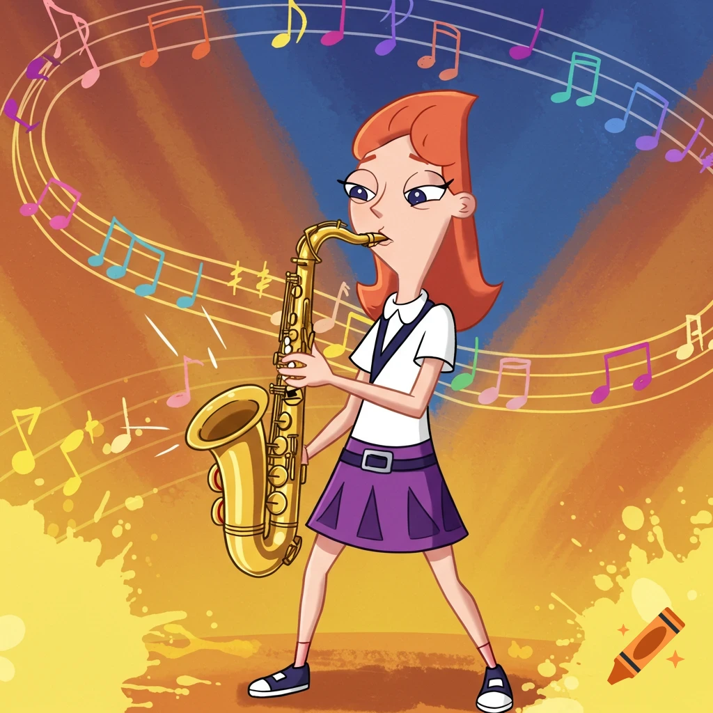 Candace from Phineas and Ferb plays a golden saxophone amidst a vibrant background with musical notes in a cartoon style.