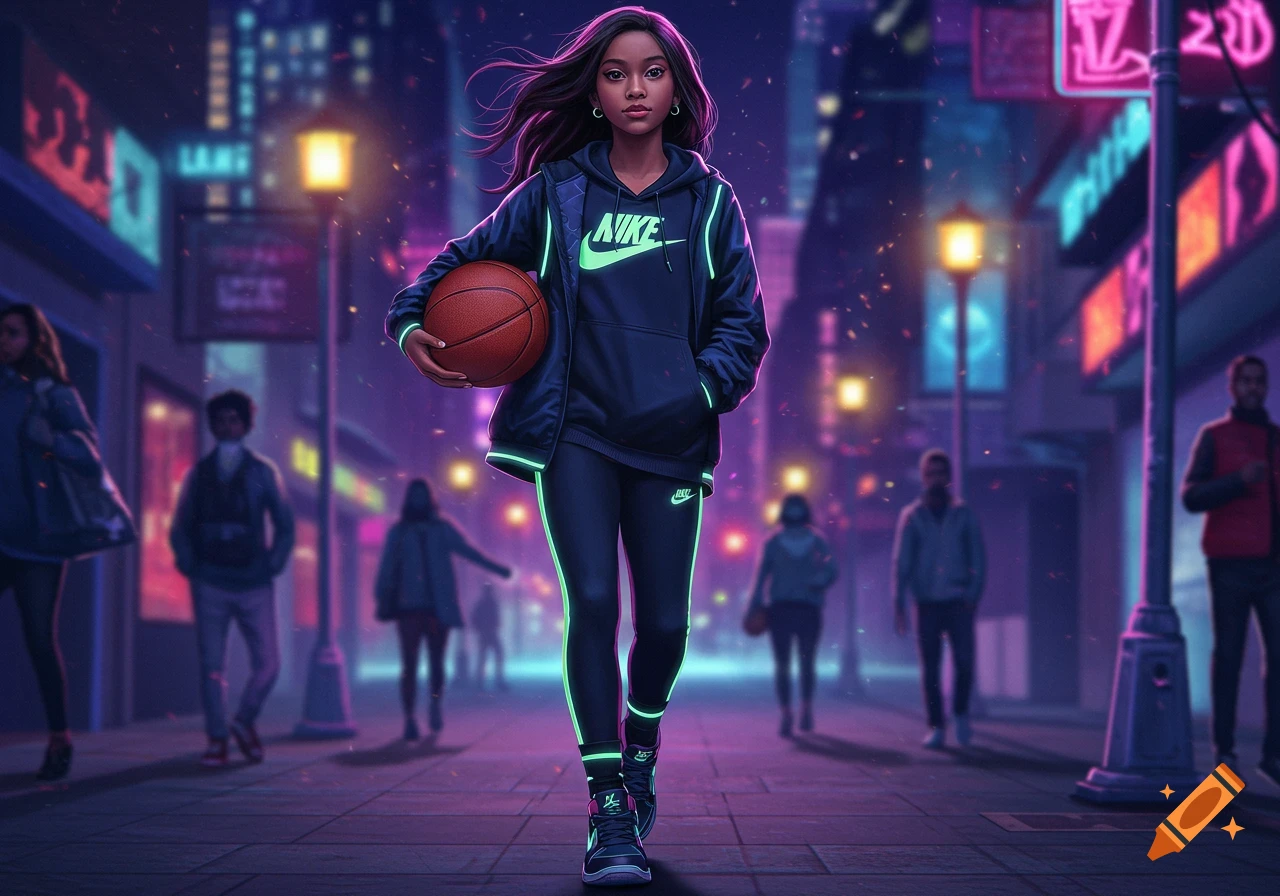 A teen girl in a dark blue Nike hoodie and track pants with neon green accents, holding a basketball, walks confidently down a futuristic neon-lit city street at night.