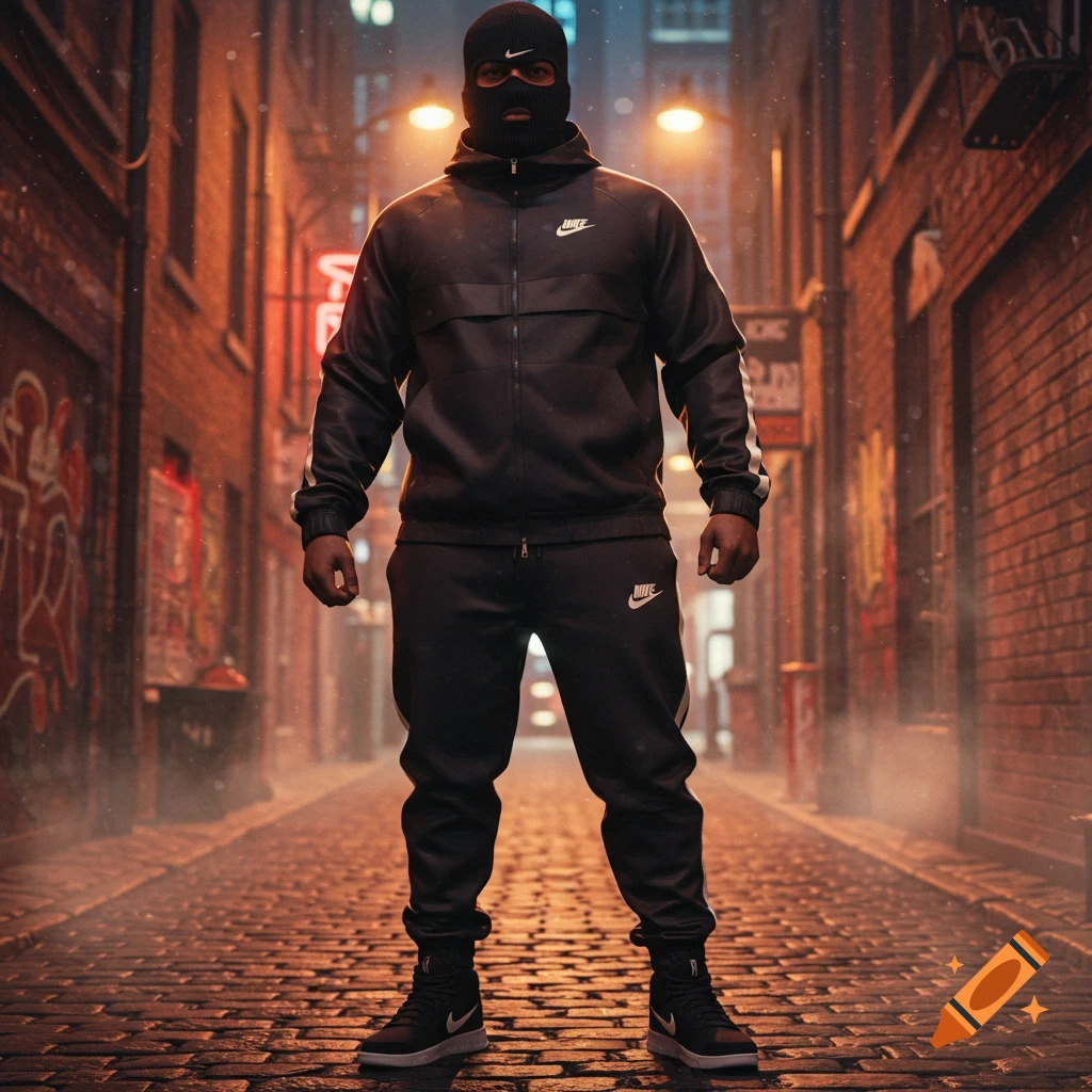 A person in a black Nike tracksuit and balaclava stands in a dark, wet urban alleyway at night, in a photorealistic style.