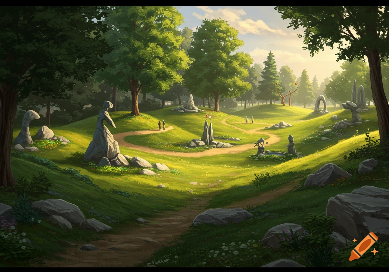 A vibrant green fantasy landscape with winding dirt paths, lush trees, and abstract grey rock sculptures under a bright sky.