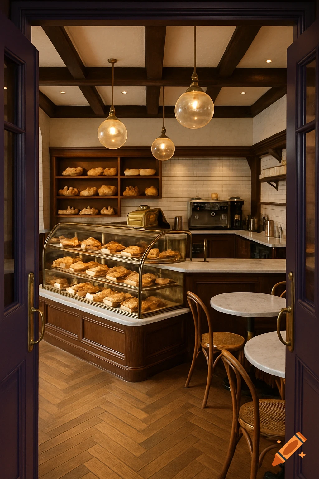 View through open purple doors into a cozy, warm-lit bakery with a curved glass display case full of pastries, wooden shelves of bread, and marble-top tables.