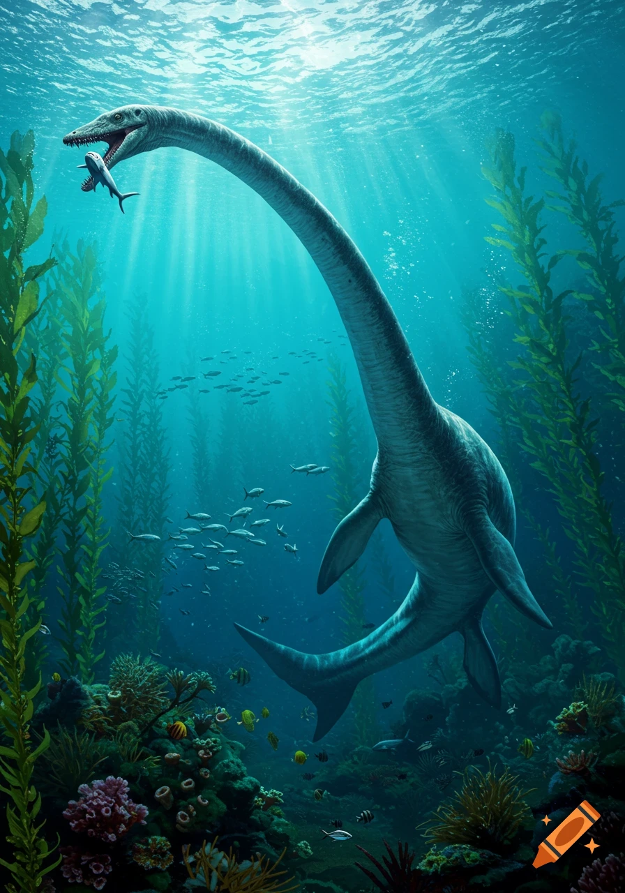 A long-necked plesiosaurus with sharp teeth catches a small fish in its mouth, swimming through a sunlit kelp forest with coral reefs below.