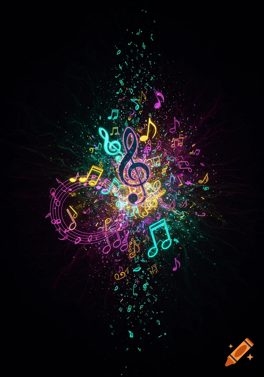 Vibrant neon musical notes and symbols exploding from a central point on a dark background.