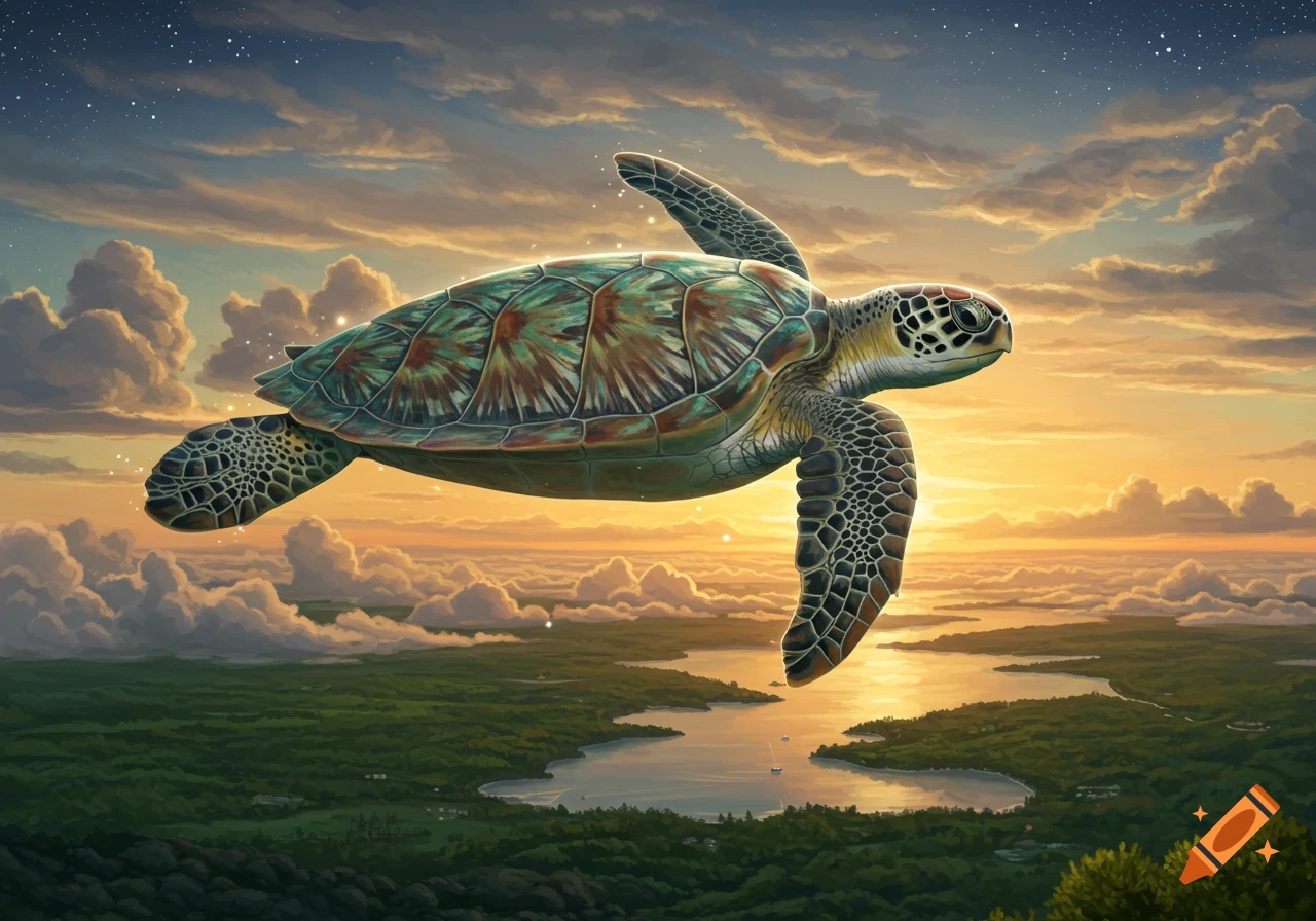 A sea turtle with a colorful shell flies gracefully through a sunset sky filled with clouds, above a green landscape and body of water.