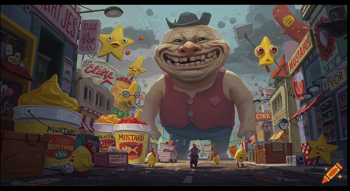 A giant, grinning, troll-faced man in a vest and hat stands on a city street filled with buckets of mustard, yellow chicken characters, and star-shaped figures with faces, in a stylized, cartoonish art style.