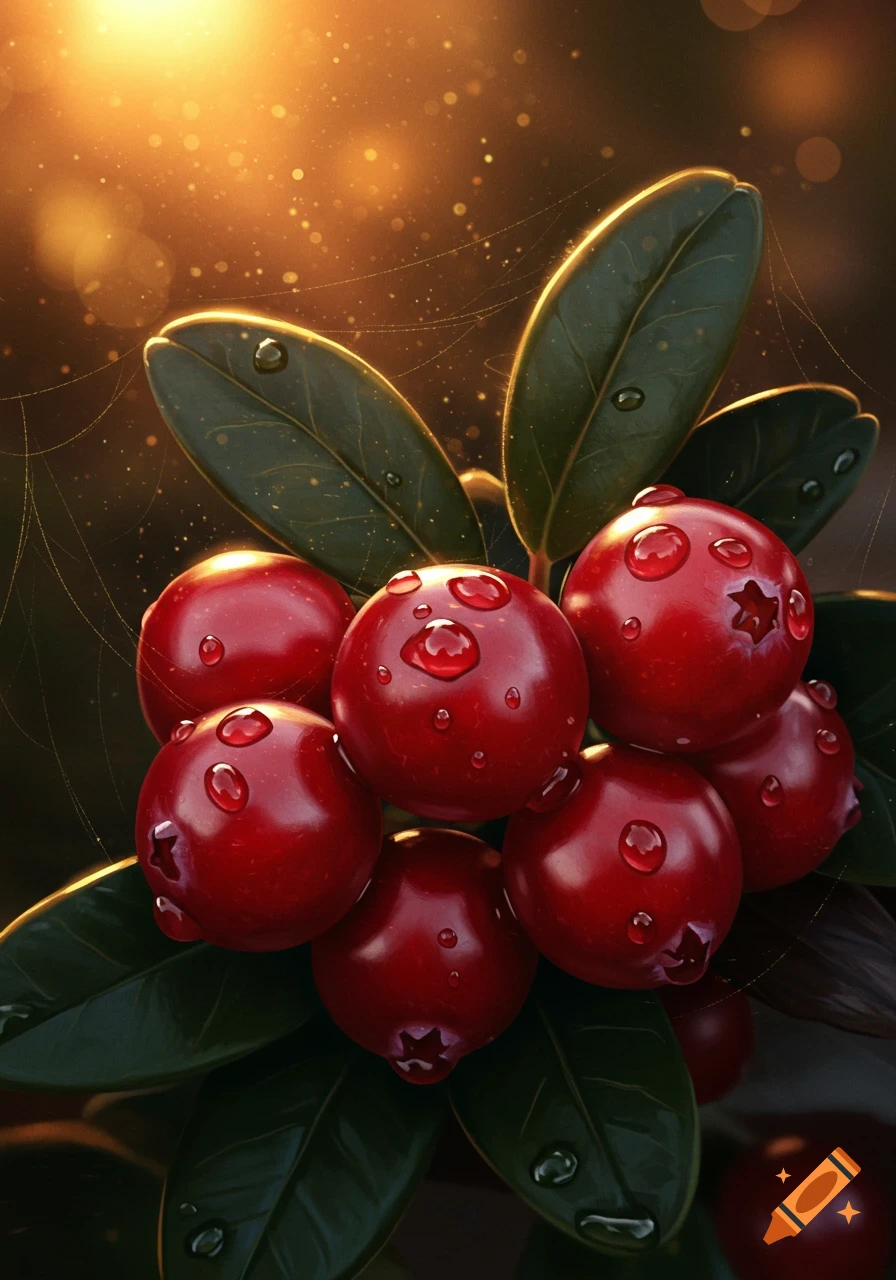 Close-up of red cranberries with green leaves and water droplets, glistening under golden sunlight.