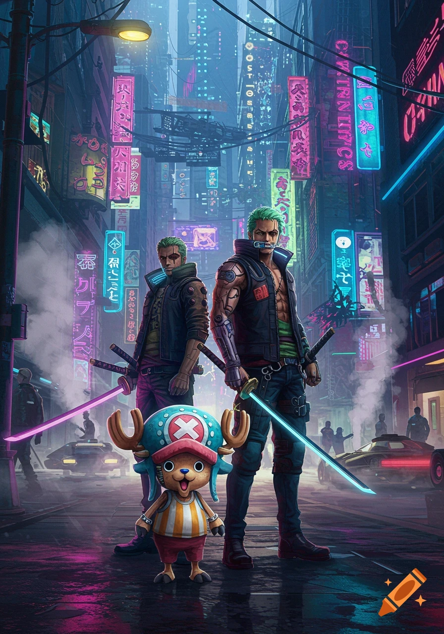 Anime characters Zoro (one with a glowing blue sword) and Tony Chopper stand on a rain-slicked cyberpunk street at night, surrounded by neon signs.