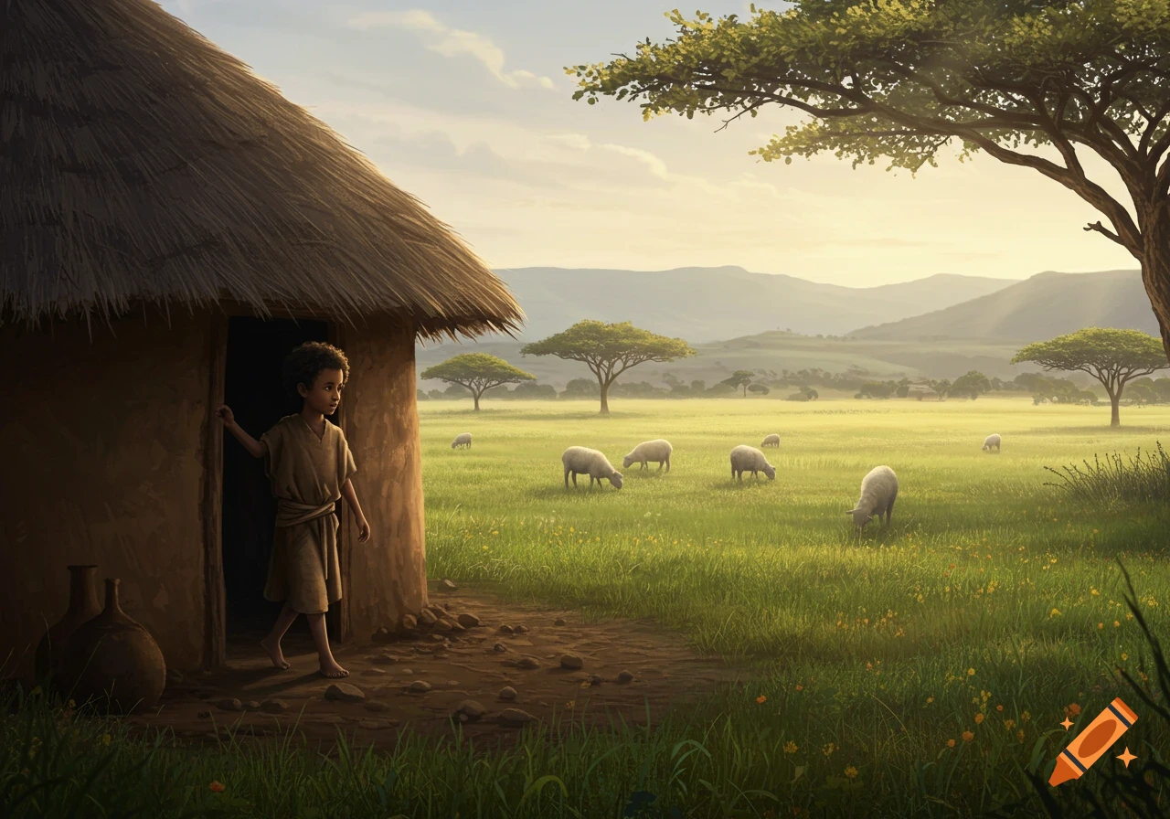 A young boy steps out of a thatched hut into a sunny, green field with grazing sheep and acacia trees in a cinematic illustration style.