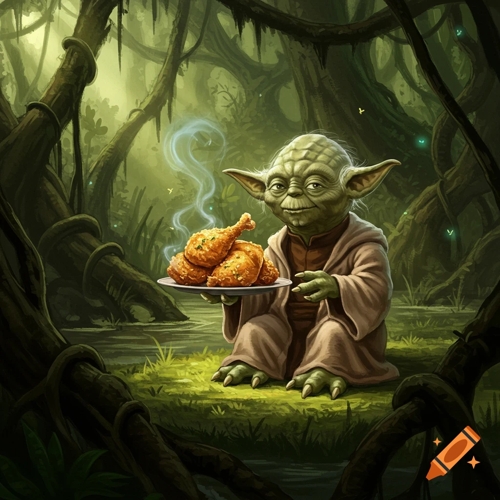 Yoda sits in a dark, misty swamp, holding a steaming plate of golden-brown fried chicken. Lush green foliage surrounds him.