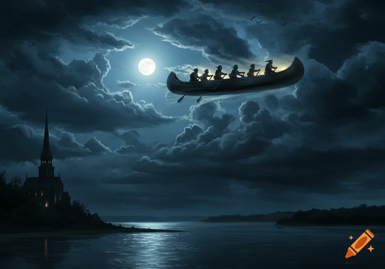 A full moon illuminates a dark, cloudy night sky as a canoe with eight silhouettes paddles through the air above a river and a church steeple.