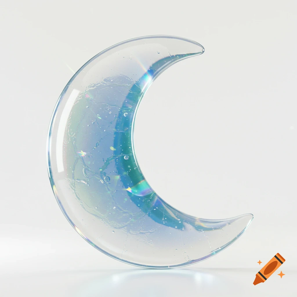 A photorealistic 3D render of an iridescent glass crescent moon on a white background, showing blue and purple refractions.