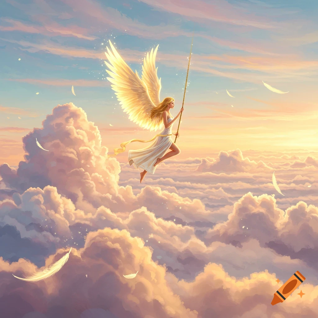 A radiant angel with golden wings and a white flowing dress floats among fluffy clouds at sunset, holding a staff.