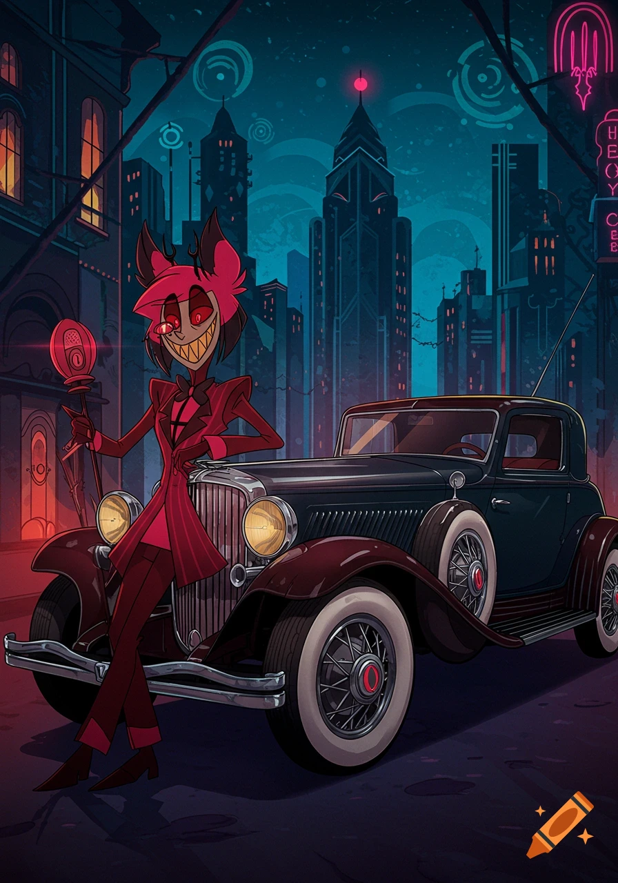 Alastor from Hazbin Hotel in a red suit stands next to a vintage black car on a city street at night, in a cartoon art deco style.