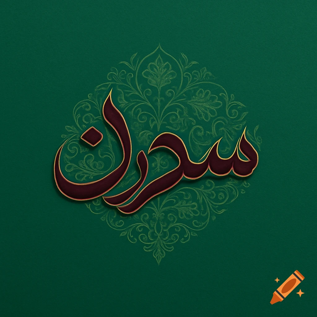 Elegant burgundy and gold Arabic calligraphy 'Sidra' on a dark green background with subtle ornamental patterns.