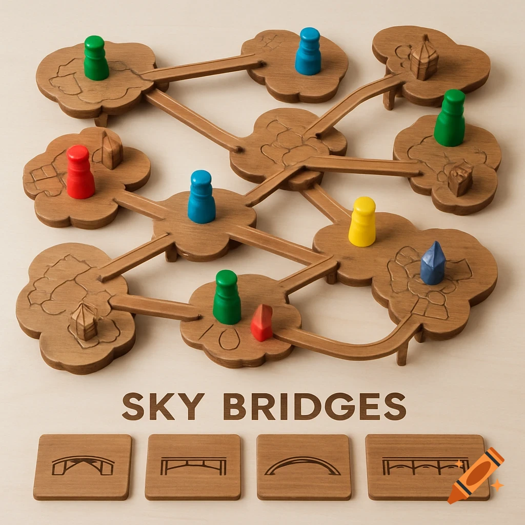 Overhead view of a wooden board game called 'Sky Bridges' with cloud-shaped platforms, colorful pawns, and bridge connection cards.