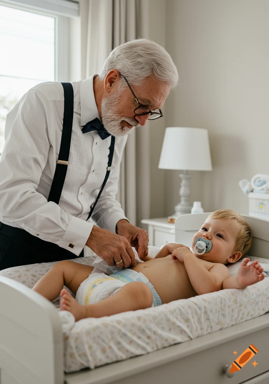 A senior man in a tuxedo shirt and suspenders changes a baby's diaper on a changing table in a nursery. The baby uses a pacifier.