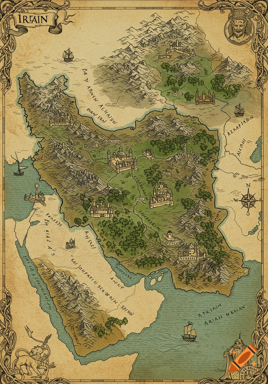 A vintage-style fantasy map, labeled IRIAIN, depicting a landmass resembling Iran with mountains, forests, and castles, surrounded by water with ships, all within an ornate border.