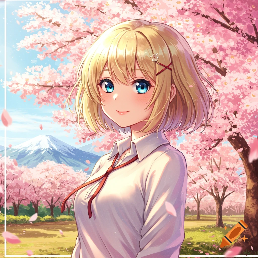 Anime girl with short blonde hair and blue eyes smiles in a cherry blossom field with Mount Fuji in the background, anime style.