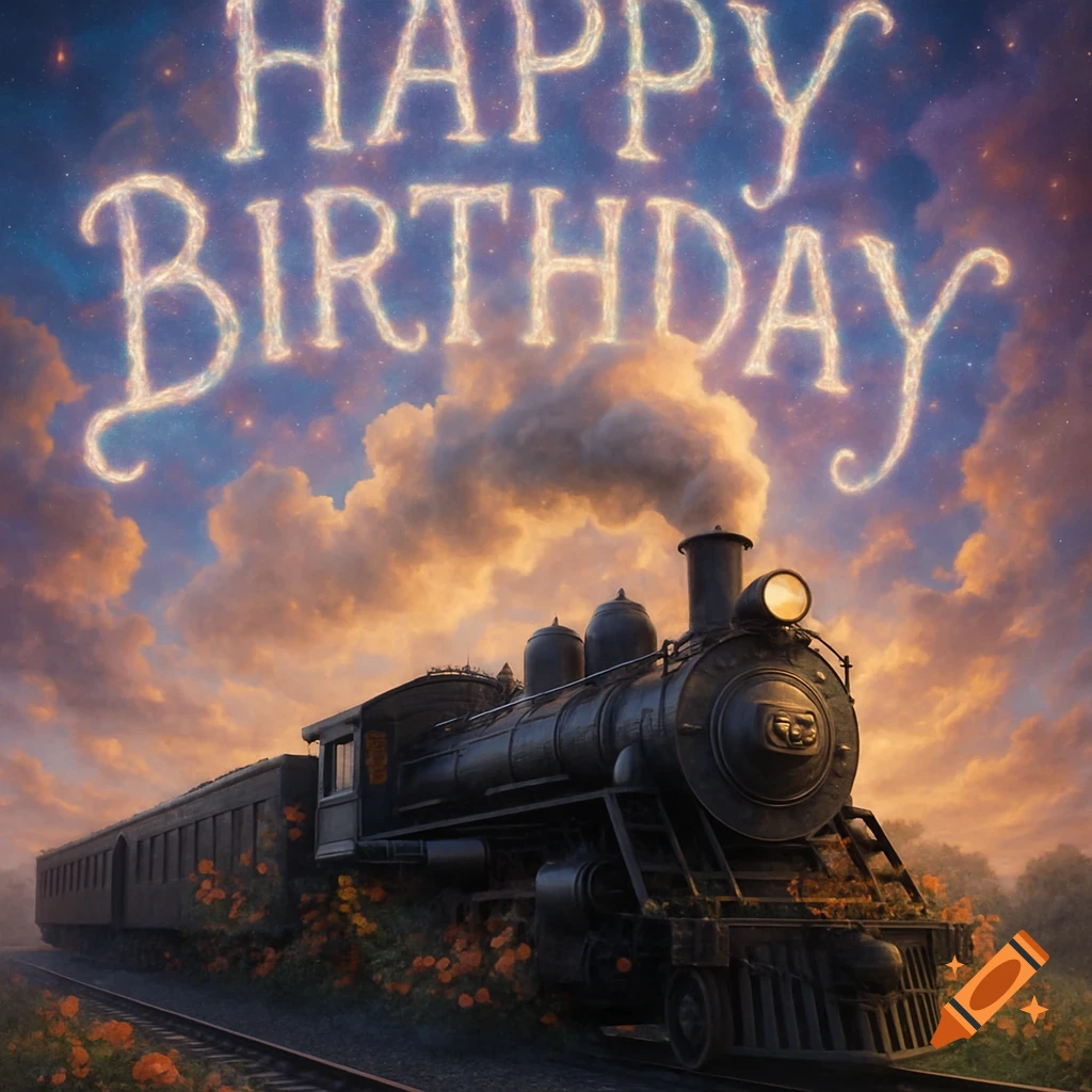 Photorealistic steam train adorned with blooming flowers on tracks under a dramatic sky, with glowing 'HAPPY BIRTHDAY' text.