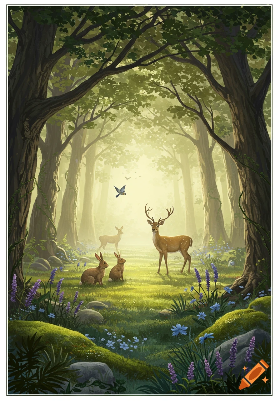 An illustration of deer, rabbits, and a bird in a lush, sunlit fantasy forest with green trees and colorful flowers.