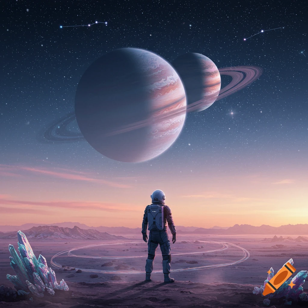 An astronaut stands on a crystalline alien landscape, gazing up at two massive ringed gas giants and stars in the sky.