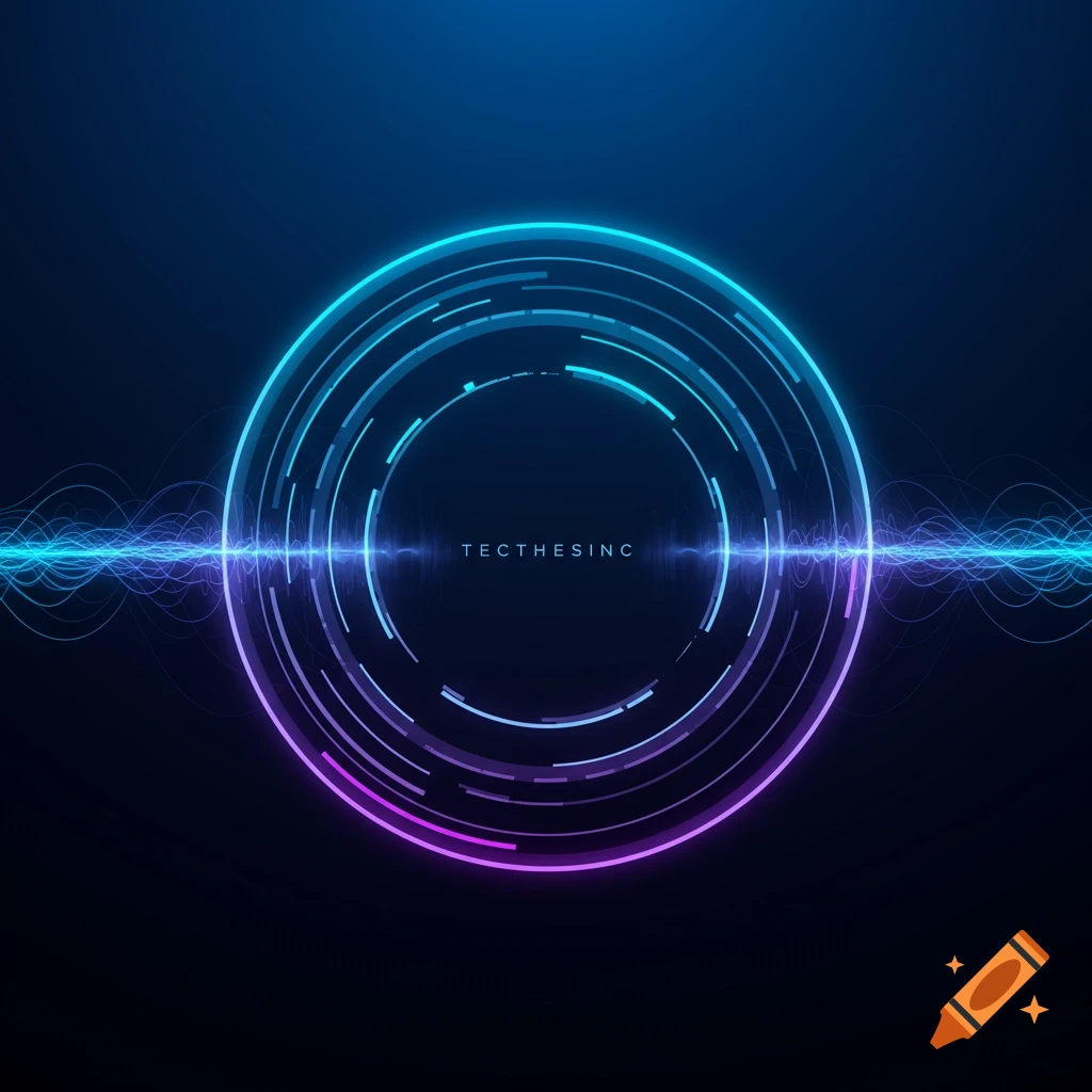 Abstract digital art featuring a glowing blue and purple circular design with sound waves and the text 'TECTHESINC' on a dark background.