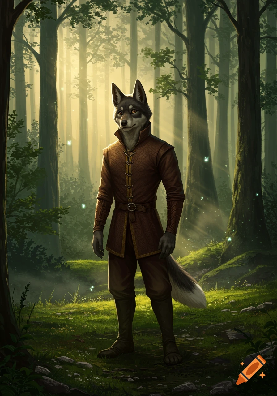 An anthropomorphic wolf-man in brown medieval clothing stands in a sunlit forest with glowing magical lights.