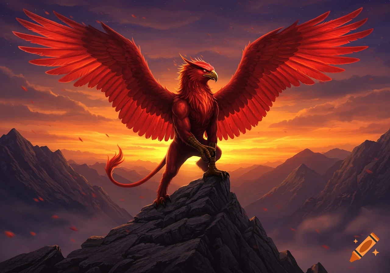 A majestic red griffin with outstretched wings stands on a mountain peak against a vibrant orange and purple sunset sky.