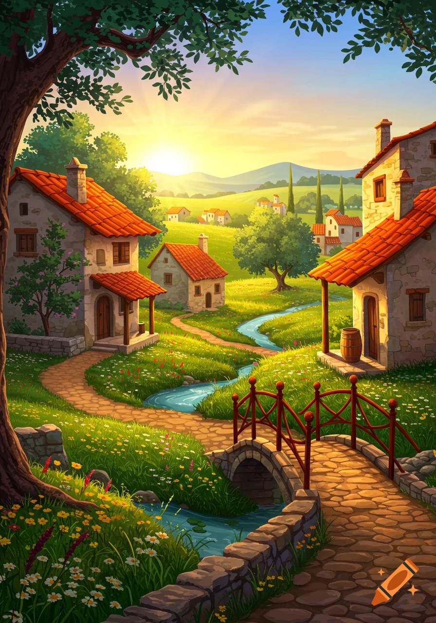 A vibrant, stylized countryside village with stone houses, a winding path, a stream, and a bridge under a bright, sunny sky.