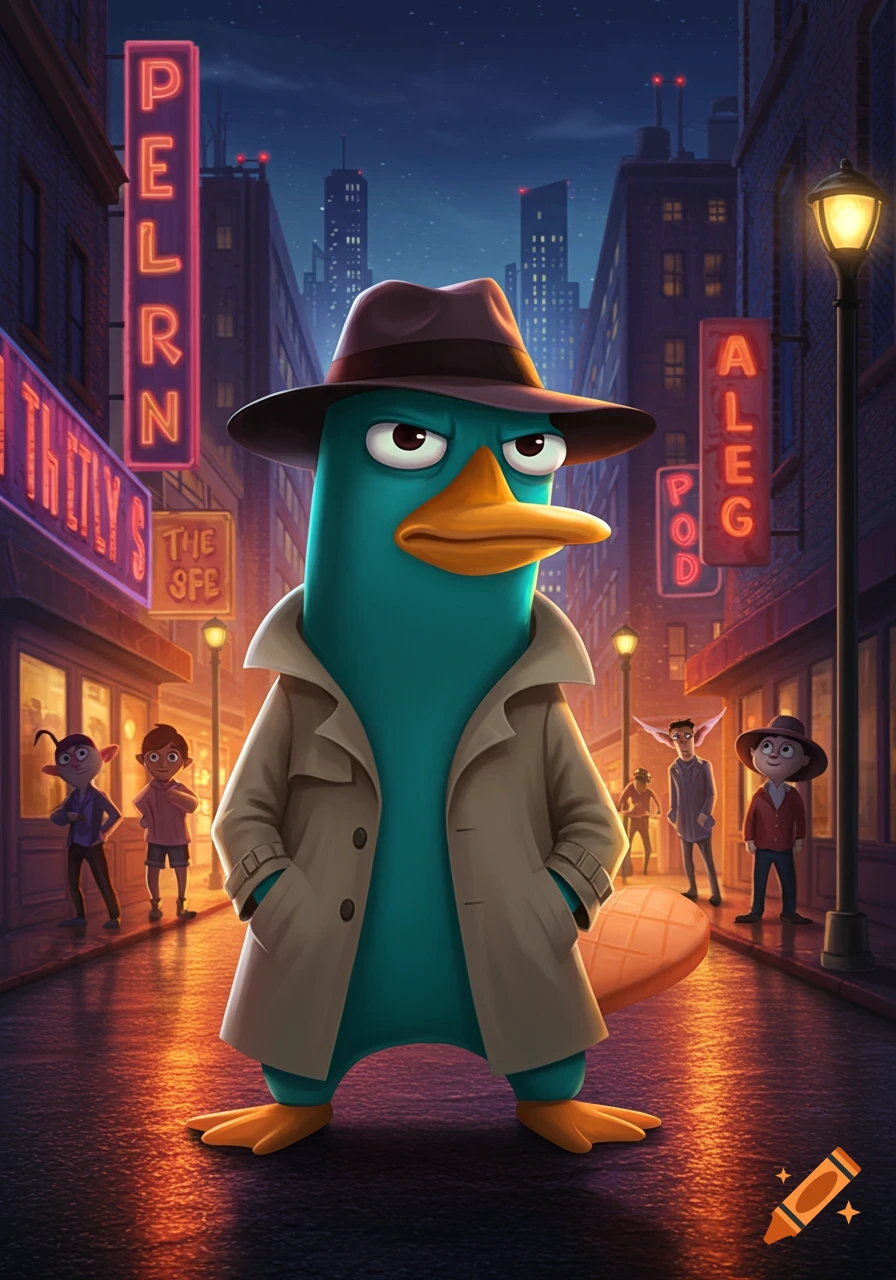Perry the Platypus, dressed in a fedora and trench coat, stands in a stylized neon-lit city street at night, with various figures in the background.