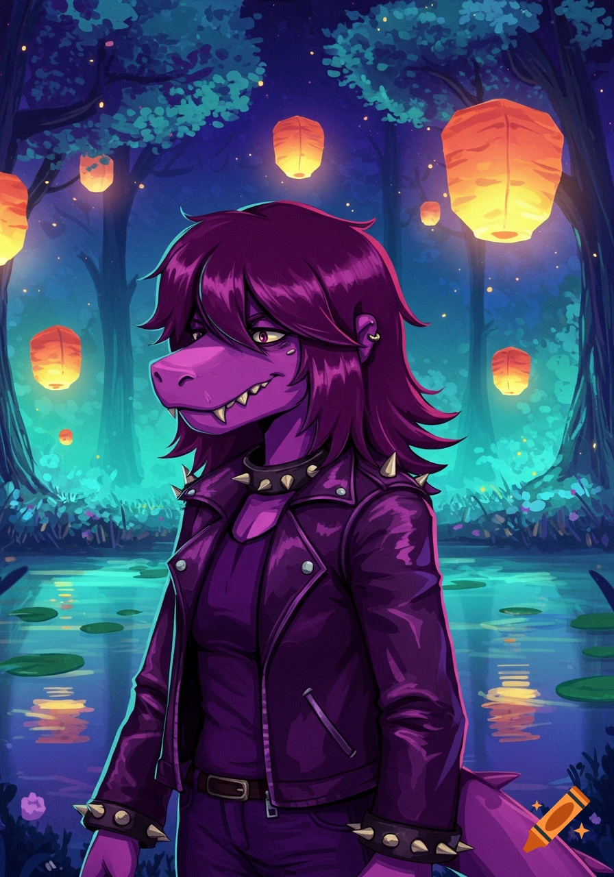 Purple monster character, Susie from Deltarune, in a spiked jacket stands in a glowing fantasy forest with lanterns and a reflective pond, stylized anime art.