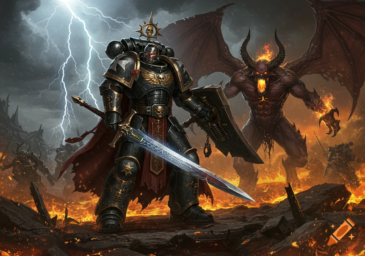 A Black Templar Space Marine with a sword and shield stands on a lava-filled battlefield under lightning, facing a horned daemon.
