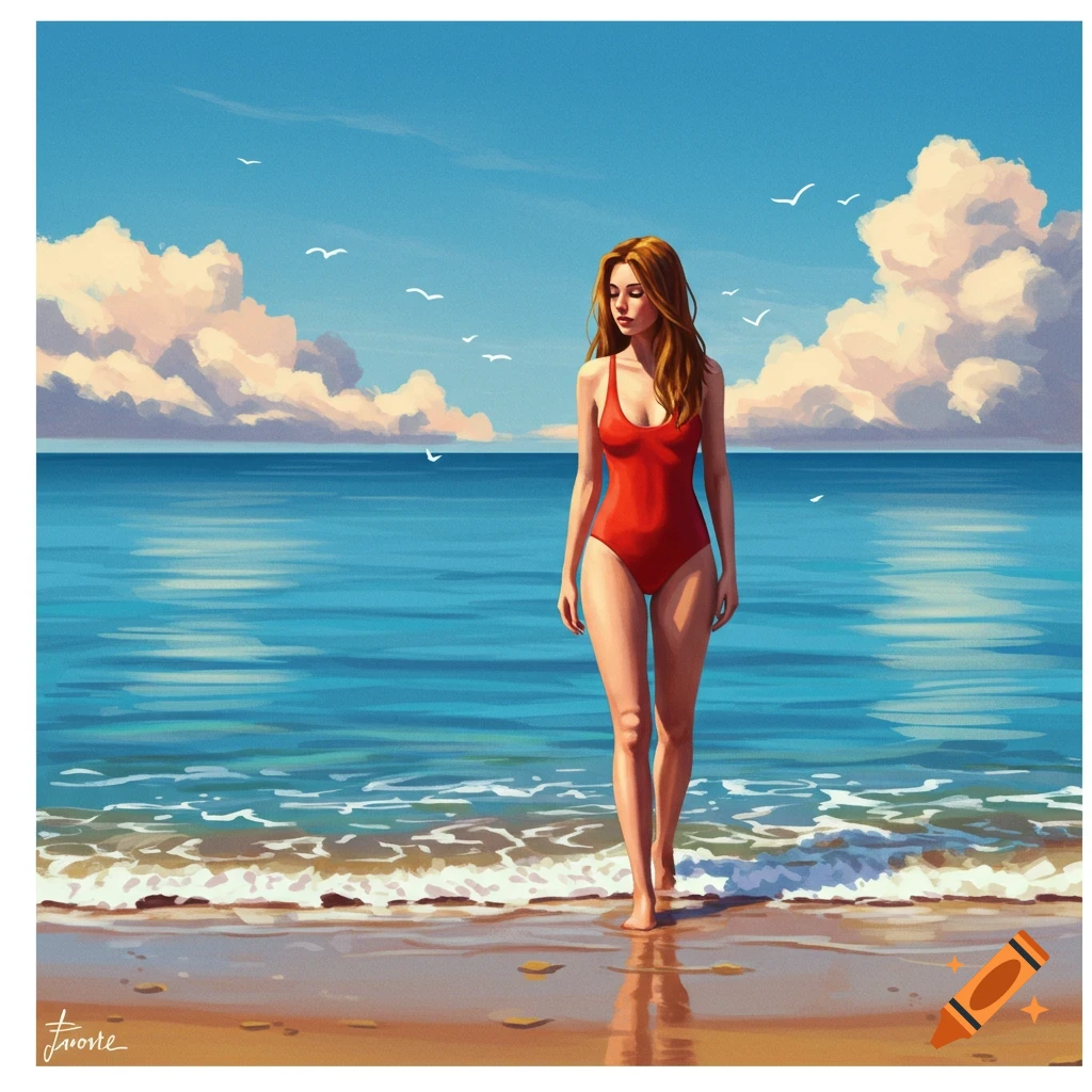 An illustration of a woman in a red swimsuit walking on a sandy beach into the ocean under a blue sky with clouds and seagulls.