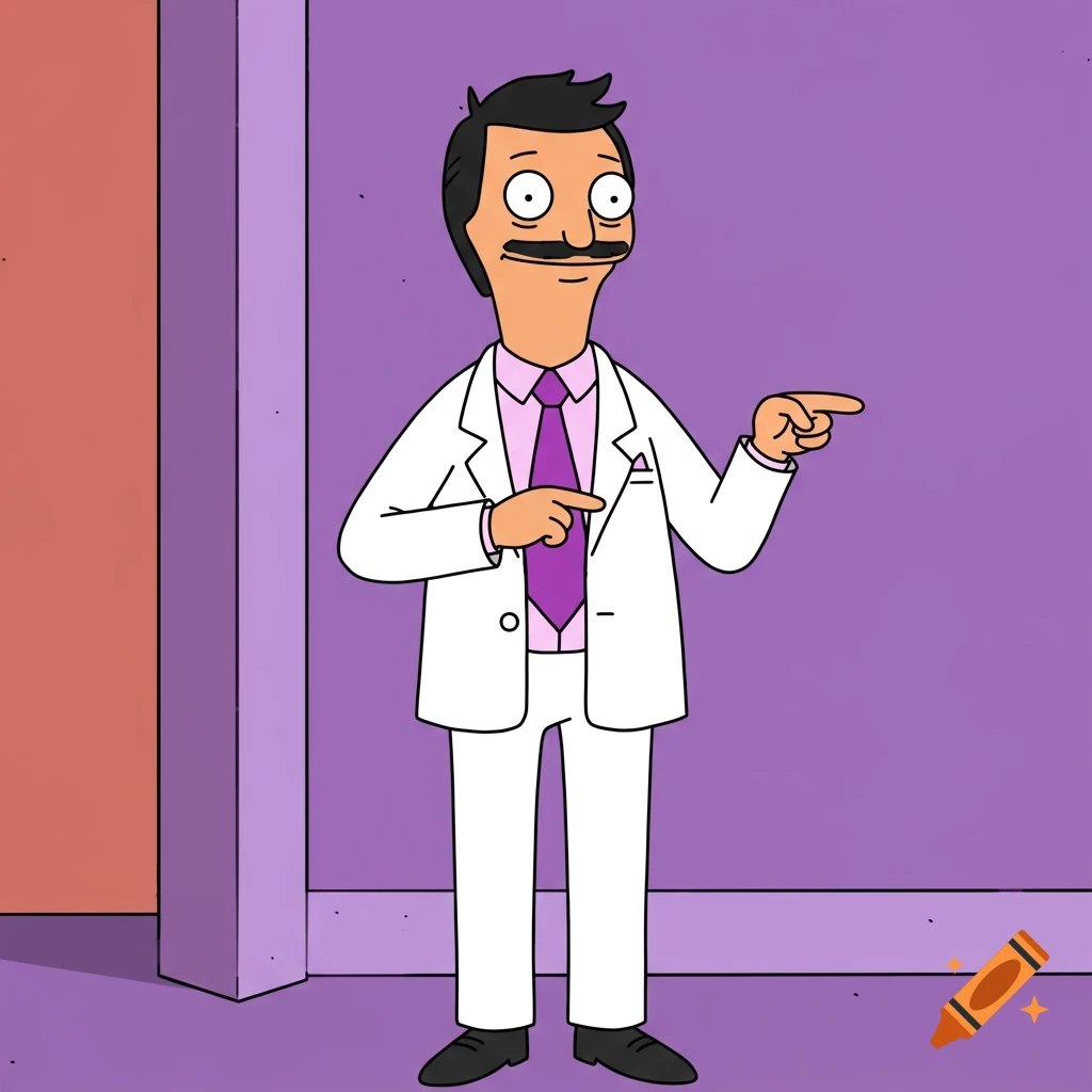 Cartoon Bob Belcher in a white suit, pink shirt, and purple tie, smiling and pointing at the viewer.