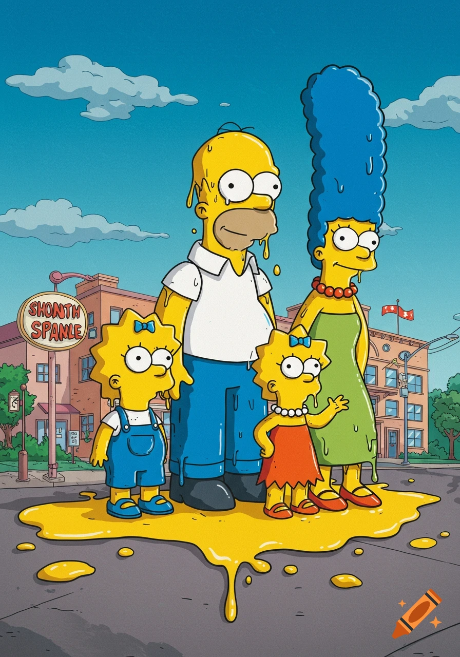 Homer, Marge, and two children from The Simpsons stand on a street, covered in and surrounded by dripping yellow goo. Buildings are in the background.