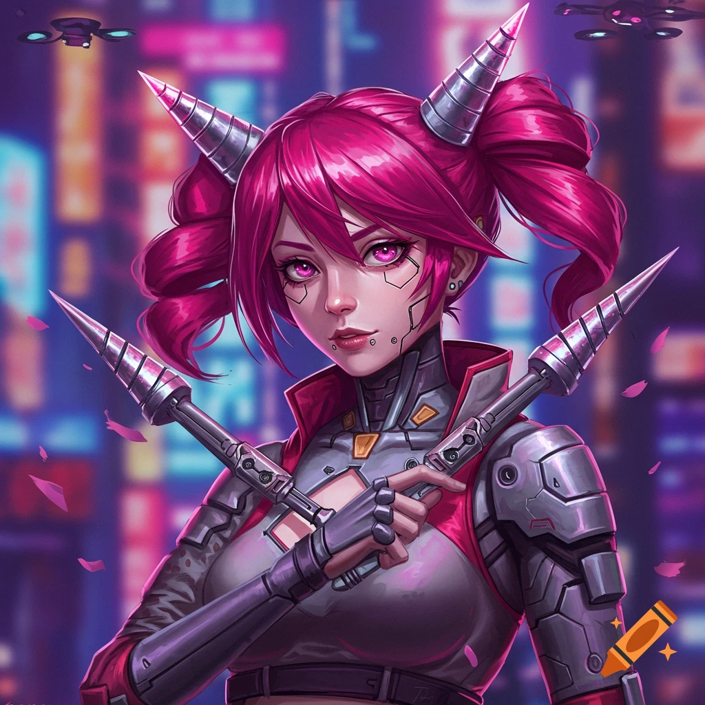 Anime girl with pink hair, cybernetic horns, and armor, holding drill-like weapons in a neon cyberpunk city with drones.