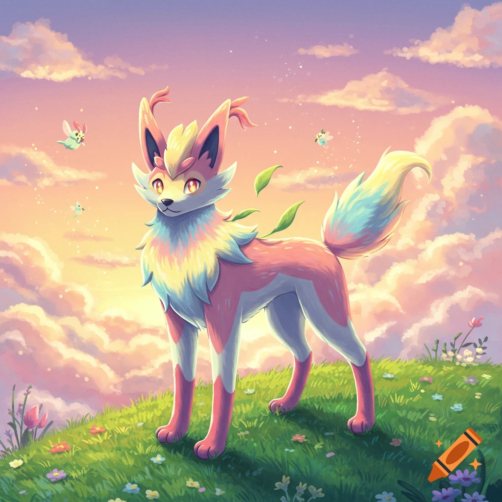 A pastel-colored, fox-like creature on a flowery green hill, with a vibrant sunset sky and small flying critters, anime style.