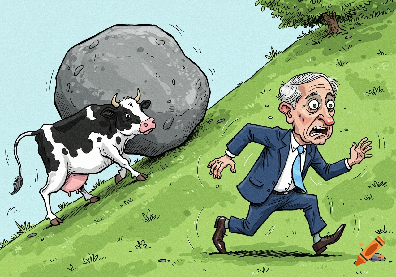 Political cartoon of a terrified man in a suit running down a green hill as a cow pushes a large boulder towards him.