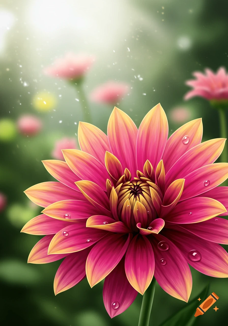 Close-up of a vibrant pink and yellow dahlia with water droplets, against a soft, sunlit, blurred green and pink background.