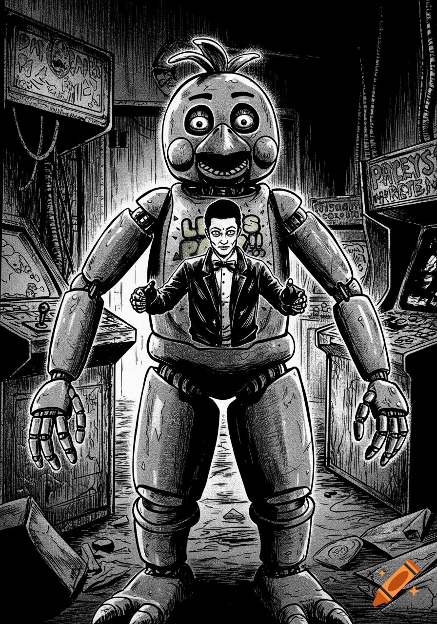 A man in a tuxedo smiles from inside the chest of a giant Toy Chica animatronic in a dark, messy arcade, in black and white manga style.