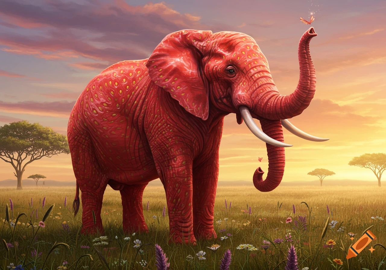 A vibrant red strawberry elephant with yellow spots stands in a savanna field with wildflowers under a colorful sunset sky, a butterfly on its raised trunk.