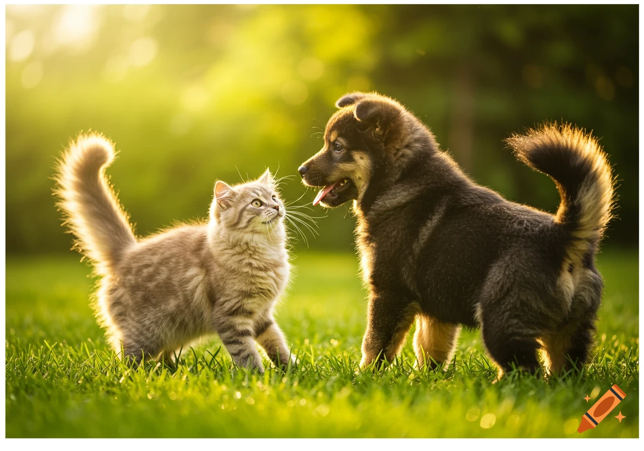 A fluffy cat and a friendly puppy playing in sunny grass with warm natural light.