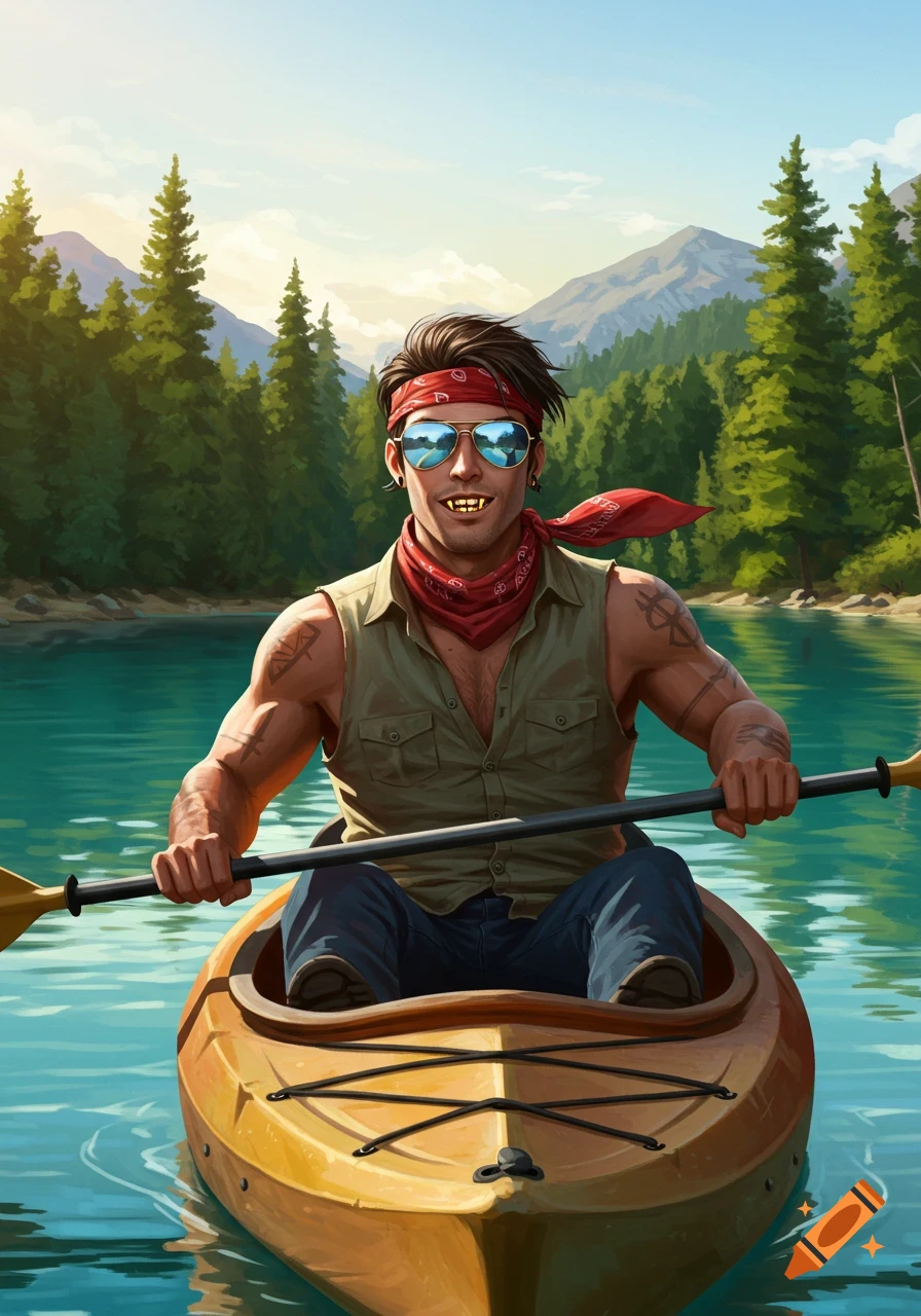 An illustrative image of a man with sunglasses and gold teeth kayaking on a lake, surrounded by pine trees and mountains.
