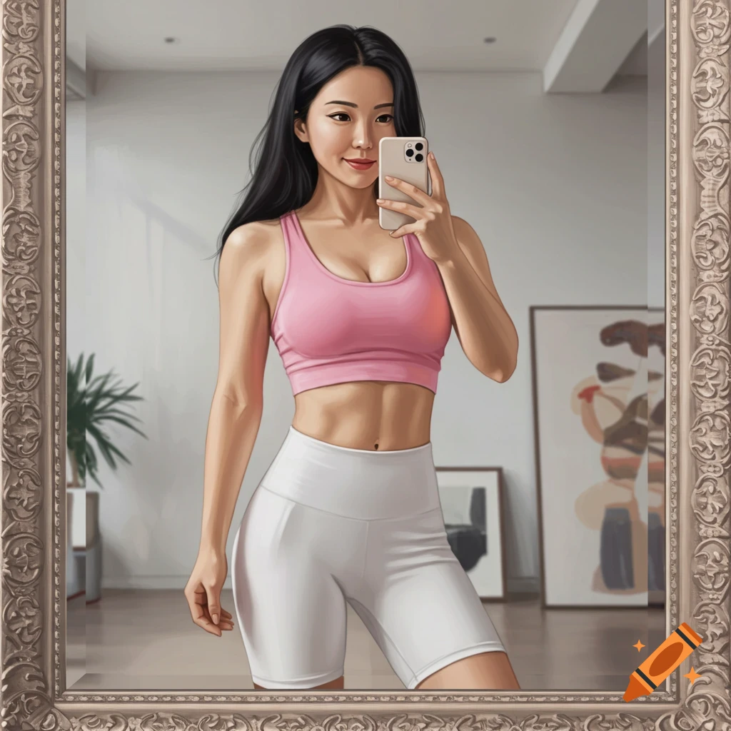 A young woman with long dark hair takes a mirror selfie, wearing a pink sports top and white biker shorts, showing her fit physique.