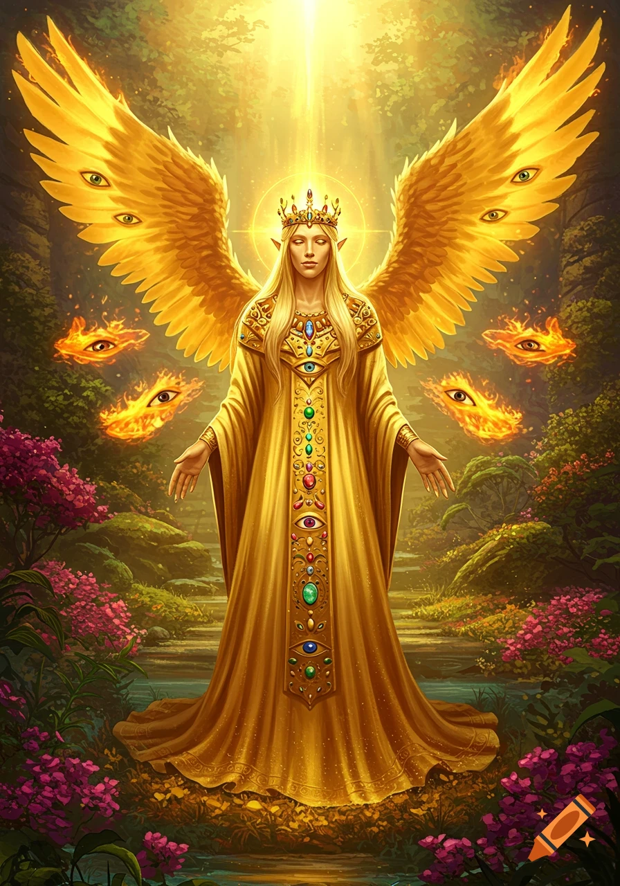 A divine blonde-haired winged figure with multiple eyes on its golden wings and robes, standing in a lush, sunlit garden with floating fiery eyes.